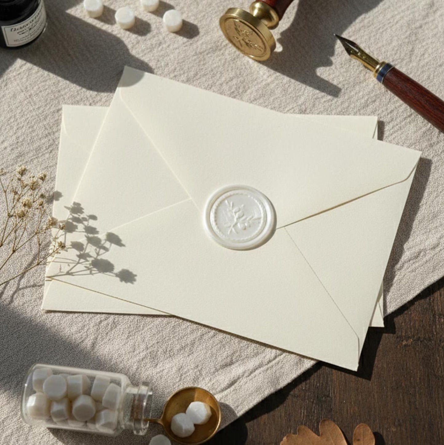 Sceau de cire blanc nacré avec motif de branche d'olivier, posé sur papier fait main à bord déchiré, avec l'outil de sceau en laiton et des perles de cire en gros plan. Lumière naturelle forte sur un fond en bois.