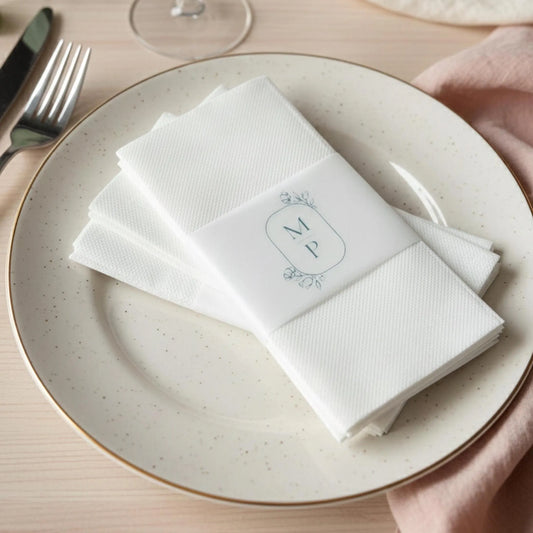 Serviettes avec bandeau | Rond de serviette | Décoration de table personnalisée | Vellum | Table Mariage | Serviettes invités | Dîner | Fête