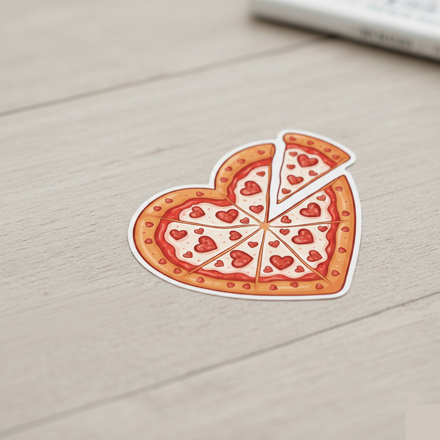 Un autocollant en forme de cœur représentant une pizza découpée en parts, dont une part est légèrement détachée. La pizza est garnie de fromage fondu et de petits pepperonis en forme de cœurs. L'autocollant possède une fine bordure blanche et est posé à plat sur une surface en bois clair texturé avec un arrière-plan légèrement flou.