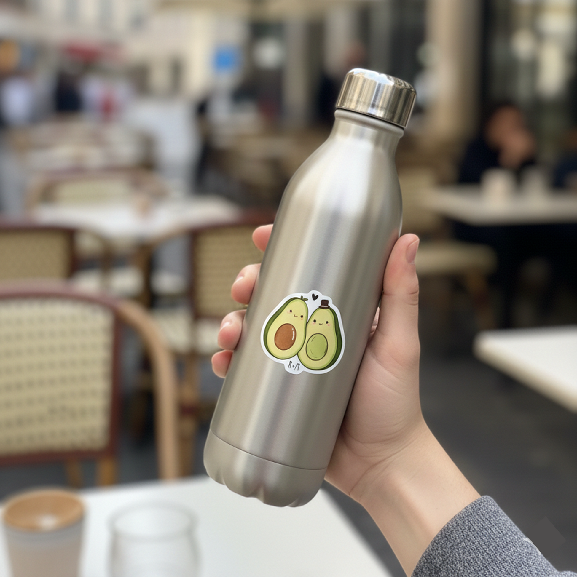 Une main tenant une gourde réutilisable en acier inoxydable argenté dans un café en plein air. La bouteille est décorée d'un autocollant représentant deux moitiés d'avocat mignonnes qui se font un câlin. L'arrière-plan, légèrement flou, montre des tables de terrasse et des parasols blancs.