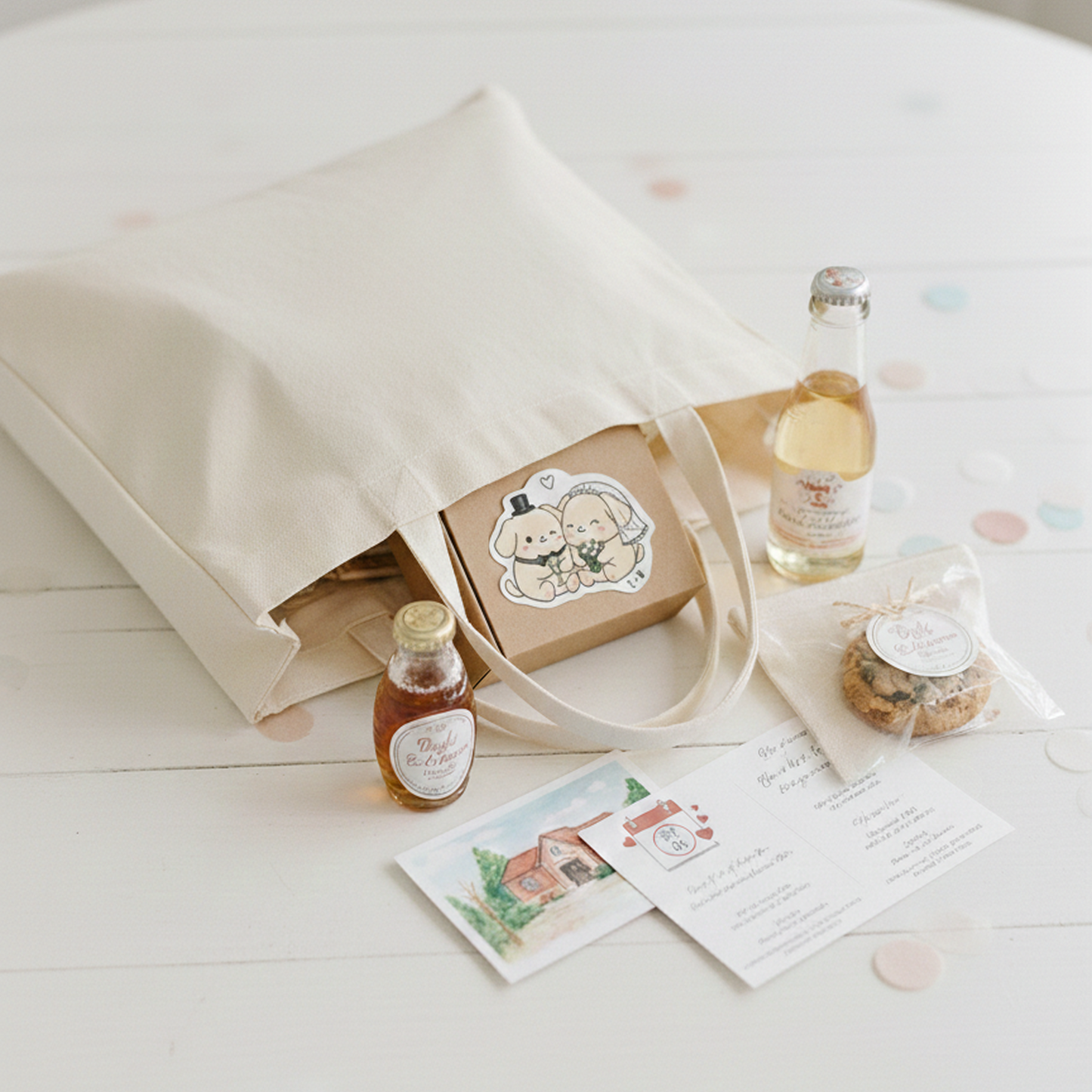 Une vue en plongée d'un sac "welcome bag" en toile de coton écru (tote bag) posé sur une table en bois blanc. Le sac est ouvert, laissant entrevoir une petite boîte en carton kraft décorée d'un sticker illustrant deux petits chiens en mariés. Autour du sac sont disposés des cadeaux pour les invités : deux petites bouteilles en verre (jus ou sirop), un cookie emballé, et une carte d'invitation avec l'illustration d'une maison de campagne. L'ambiance est lumineuse, épurée et champêtre