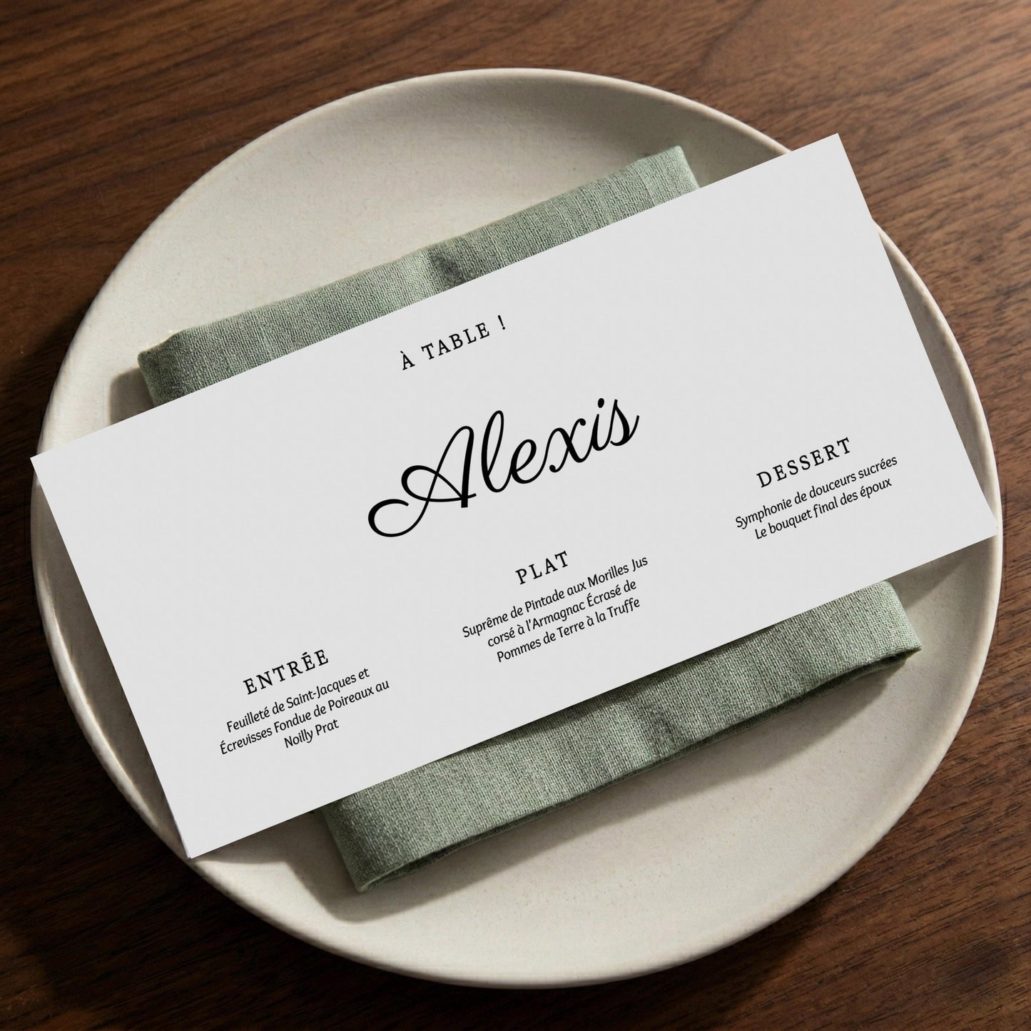 Menu mariage personnalisé papier élégant prénom table — Memerle papeterie