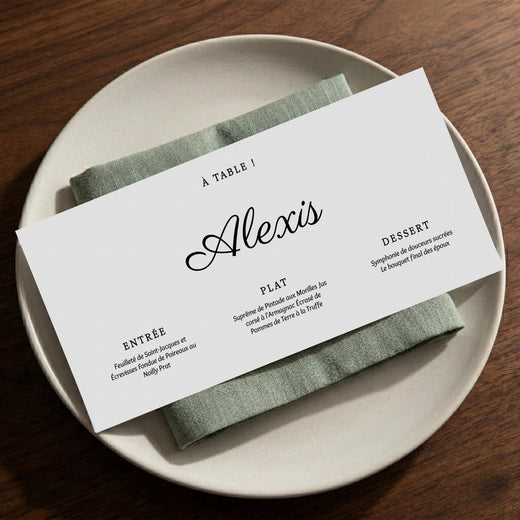 Menu mariage personnalisé papier élégant prénom table — Memerle papeterie — Memerle, papeterie artisanale personnalisée (Paris, France & international)