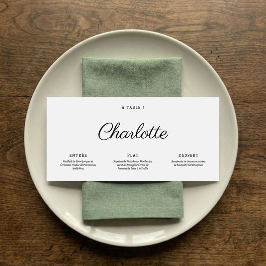 Menu dîner mariage personnalisé calligraphie fond blanc — Memerle — vue secondaire papeterie personnalisée Memerle