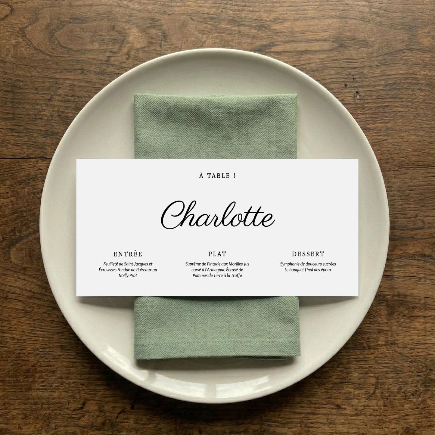 Menu dîner mariage personnalisé calligraphie fond blanc — Memerle