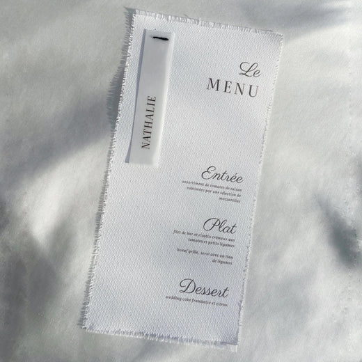 Menu mariage sur toile personnalisé style champêtre — Memerle papeterie artisanale — Memerle, papeterie artisanale personnalisée (Paris, France & international)