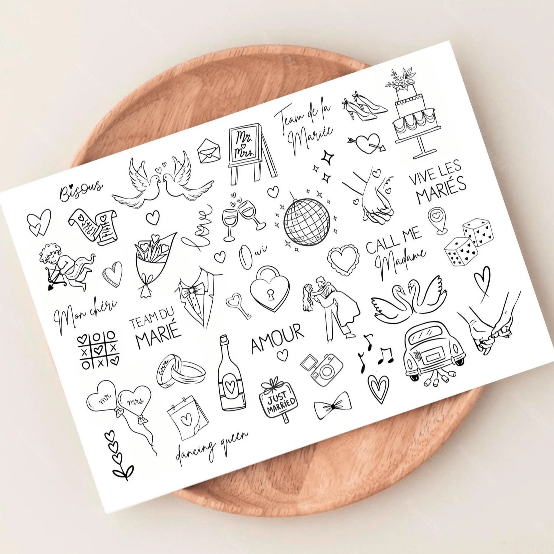 Planche 50 tatouages éphémères mariage EVJF ligne fine dessin amour — Memerle