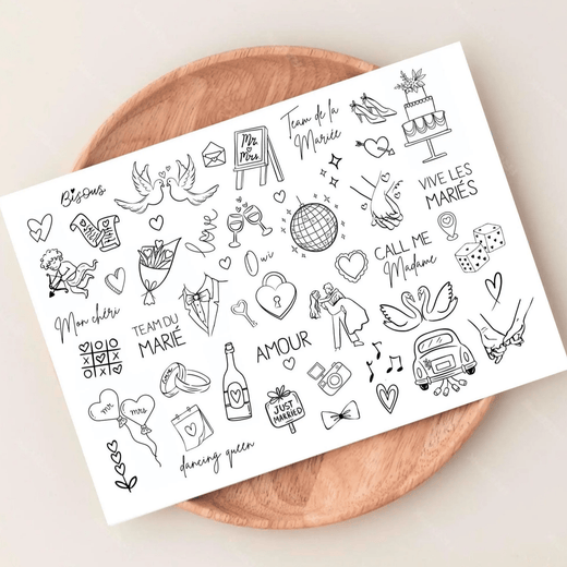 Planche 50 tatouages éphémères mariage EVJF ligne fine dessin amour — Memerle — Memerle, papeterie artisanale personnalisée (Paris, France & international)